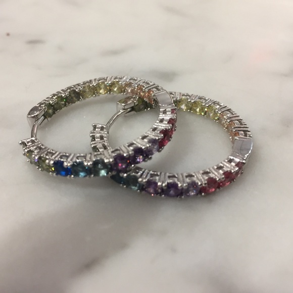 Rainbow Color Hoop Earrings Sterling Silver - Picture 3 of 5